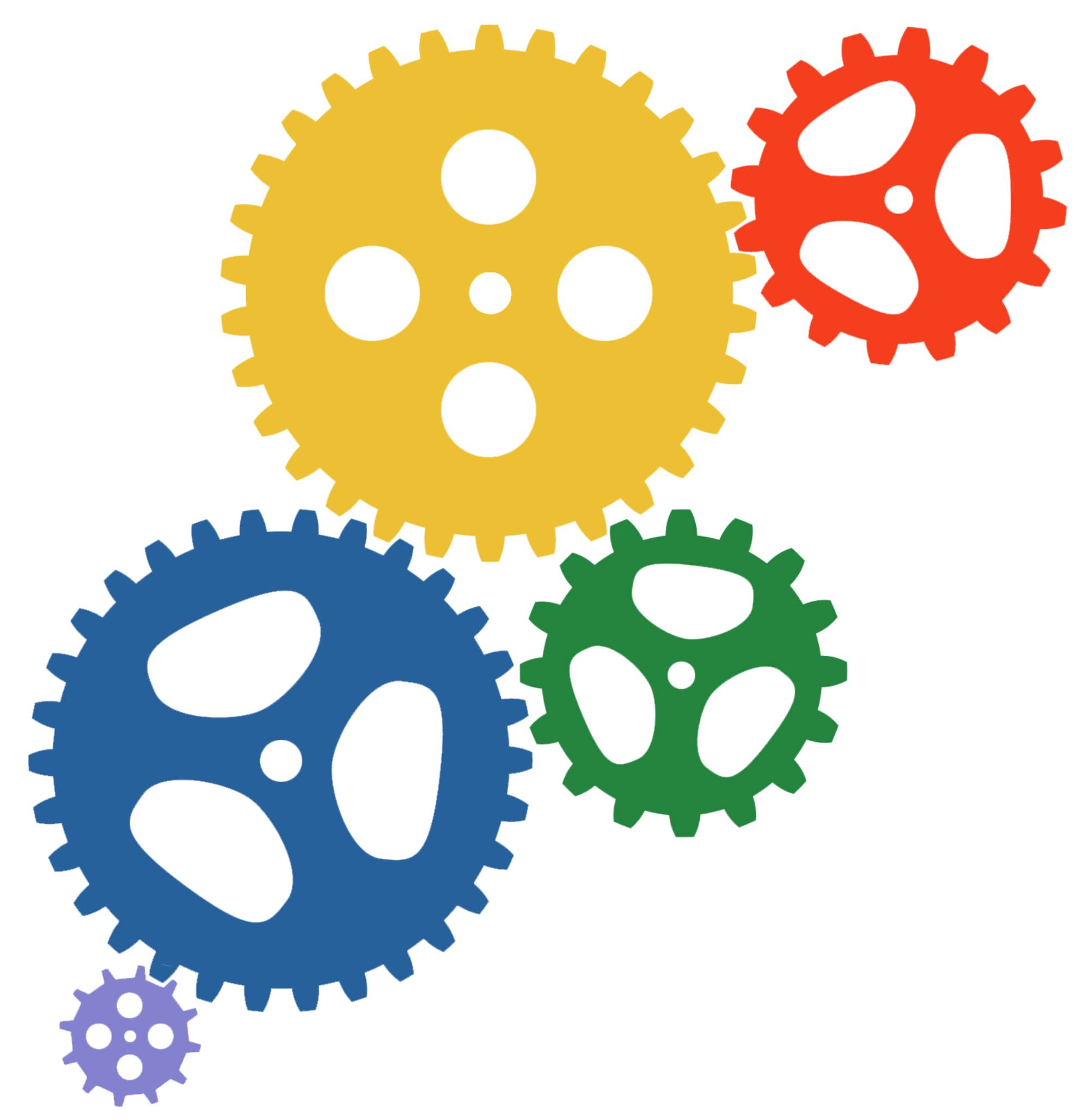 5 multicolor gears working together
